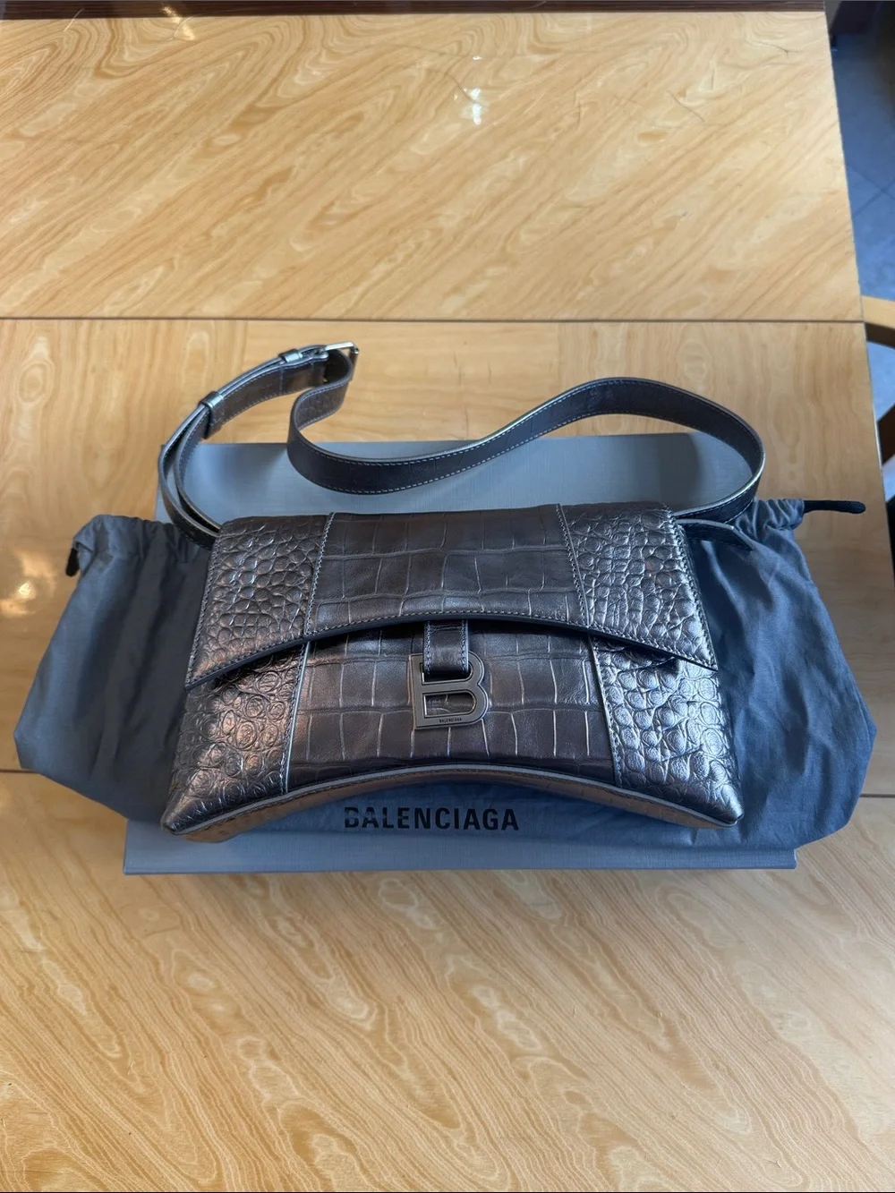 Balenciaga dark metallic Croc-Embossed Leather bag